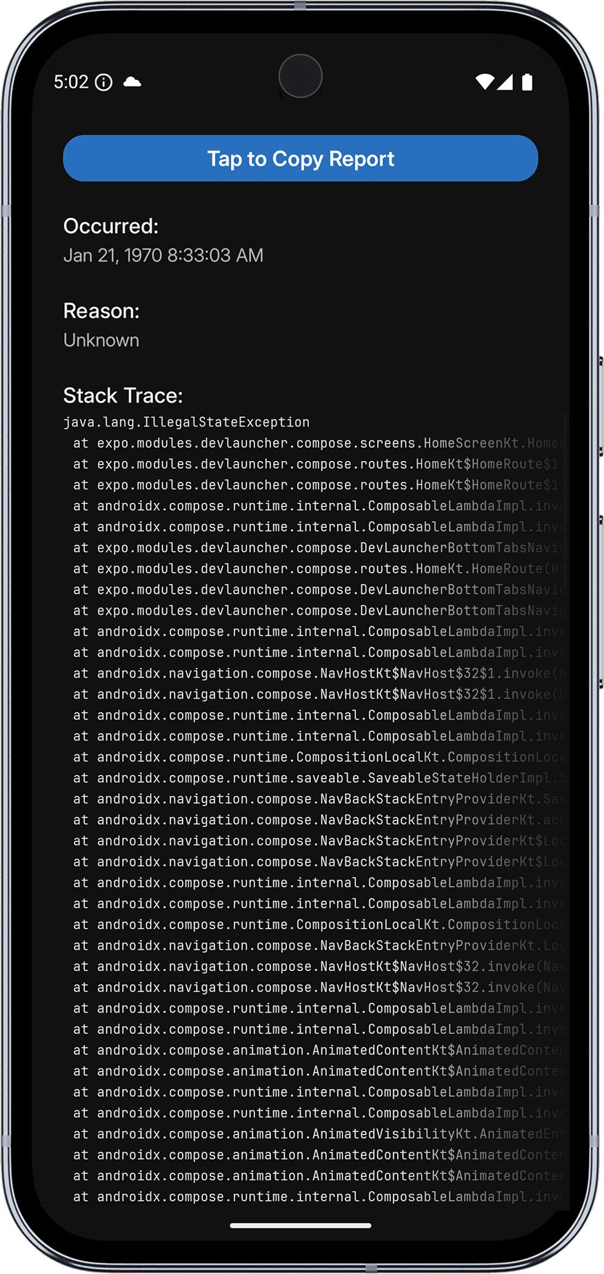 Expo Go Crash report